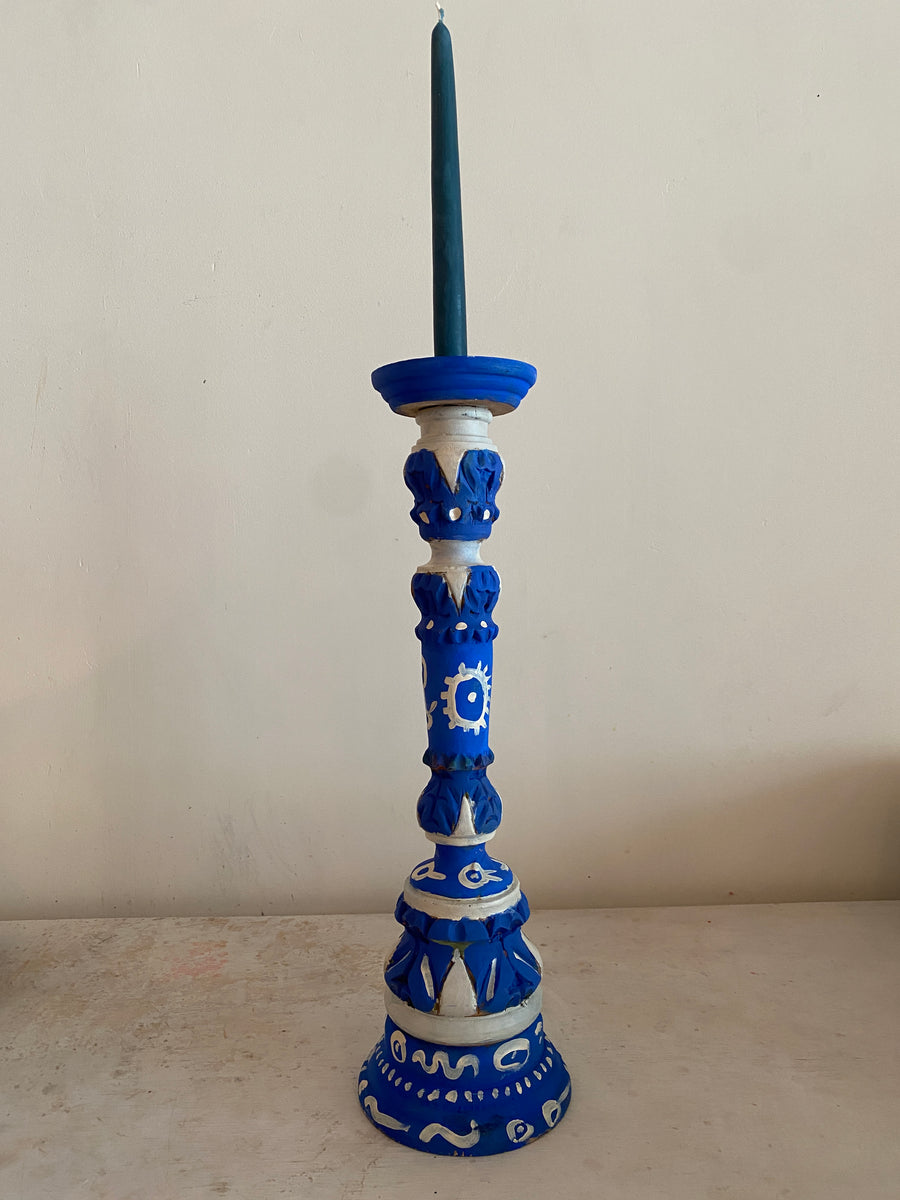Wood Candle Holder in Blue