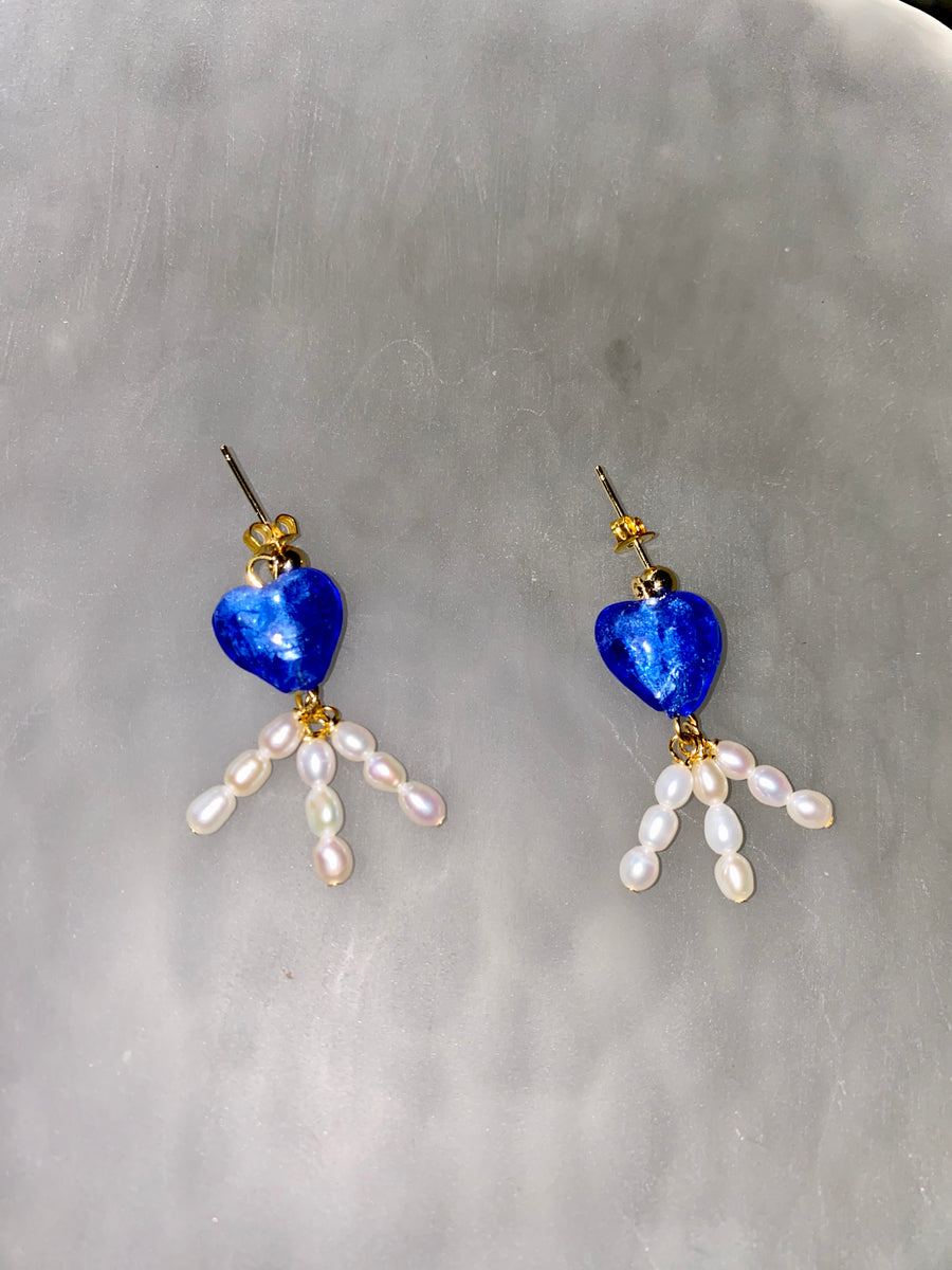 Cobalt glass heart earrings with freshwater pearls