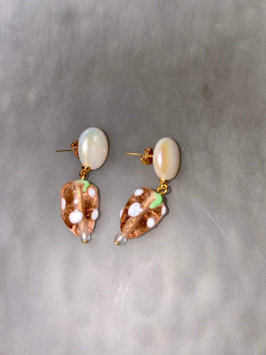 Glass strawberry earrings with freshwater pearls
