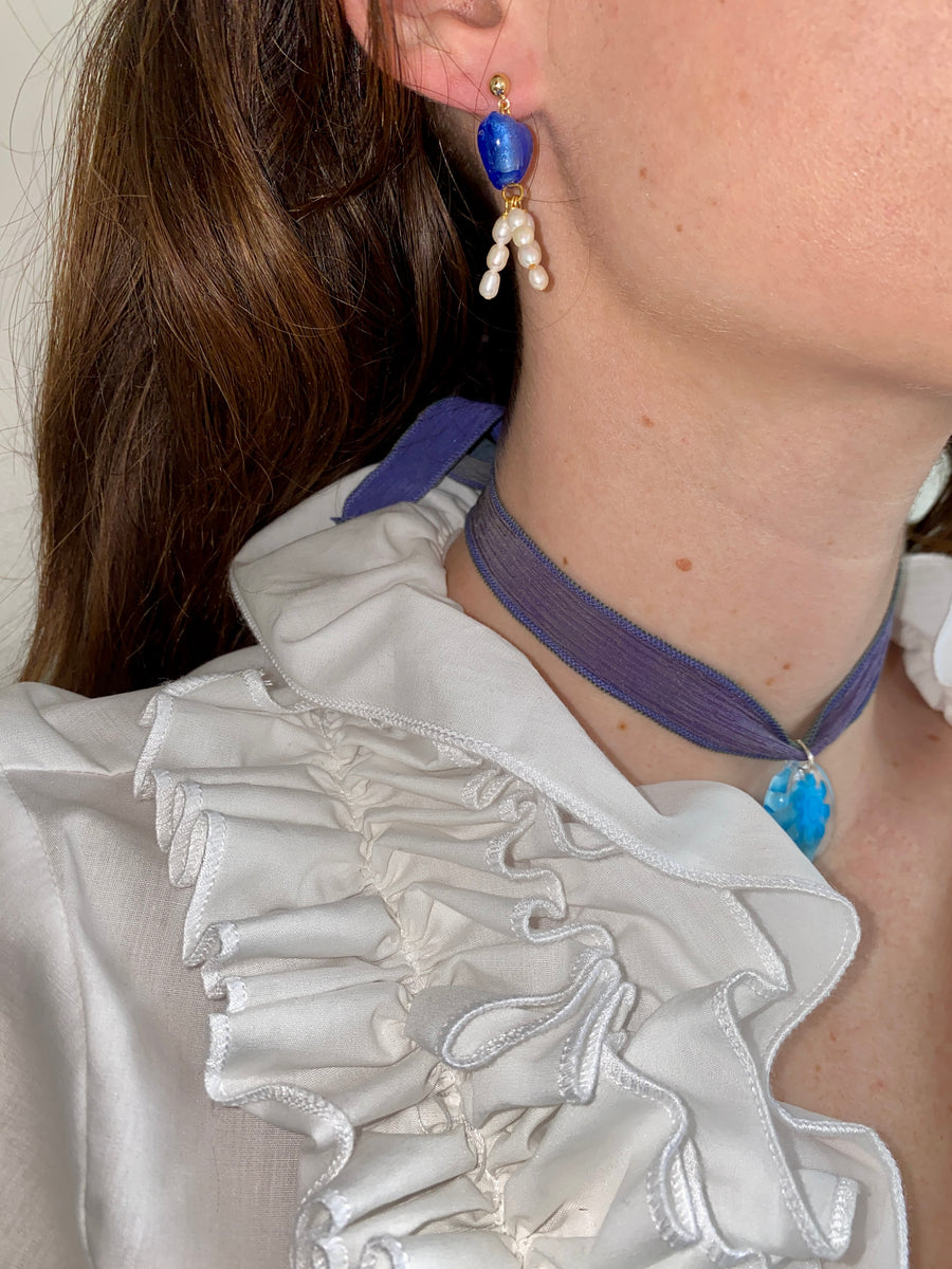 Blue Glass with Purple Silk Ribbon